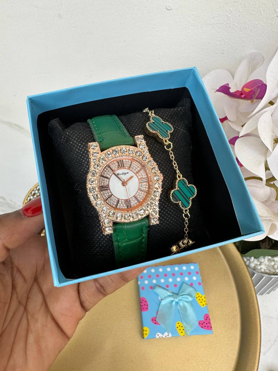 Women's leather watch and bracelet set